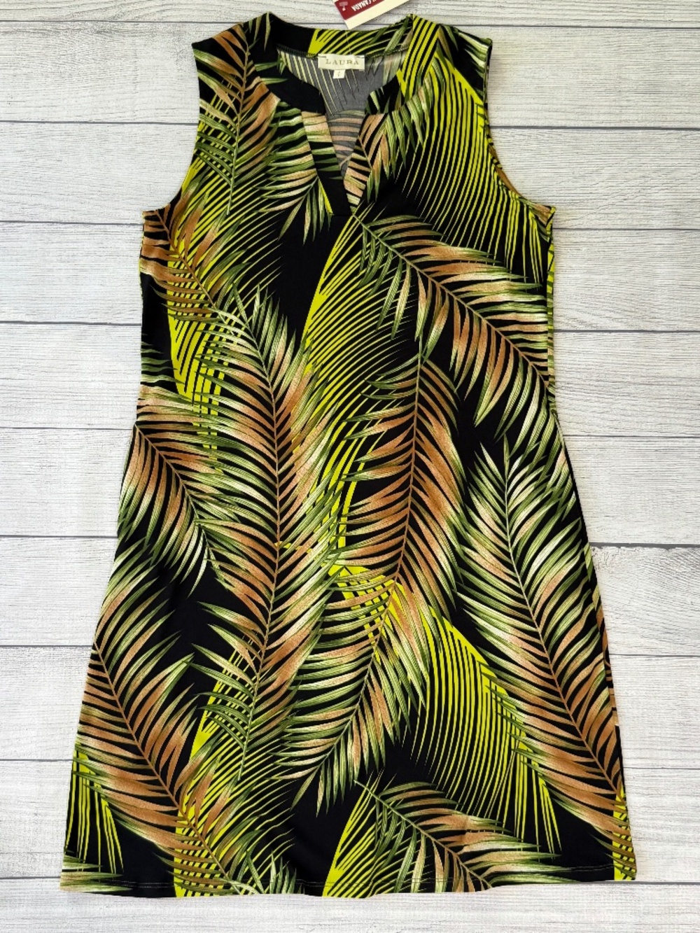 NWT Laura Tropical Palm Print Sleeveless Shift Dress with Pockets Size Small